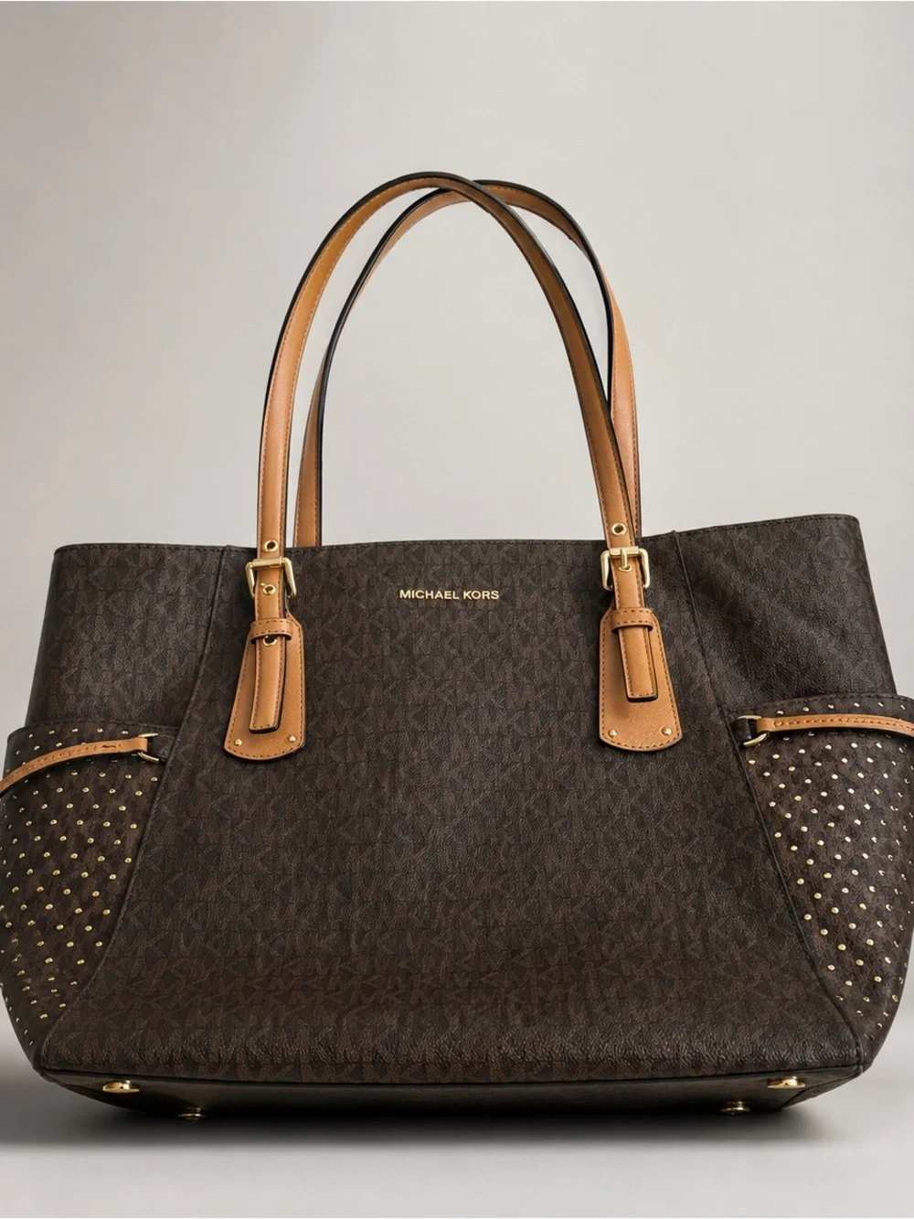 Michael Kors Tote East West Signature Jacquard Voyager Dark Brown Bag Purse